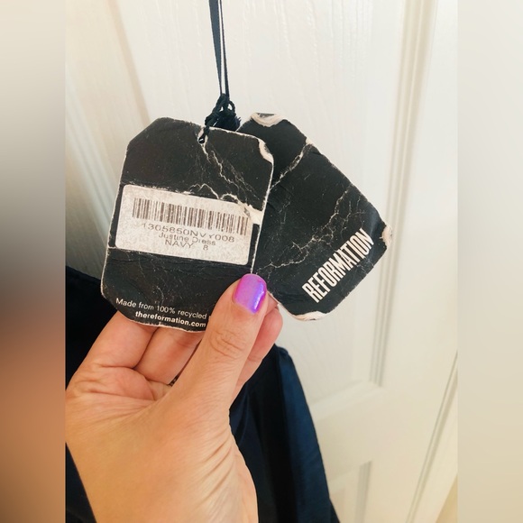 100% SILK REFORMATION NAVY BLUE ONE SHOULDER MIDI DRESS - Picture 9 of 11